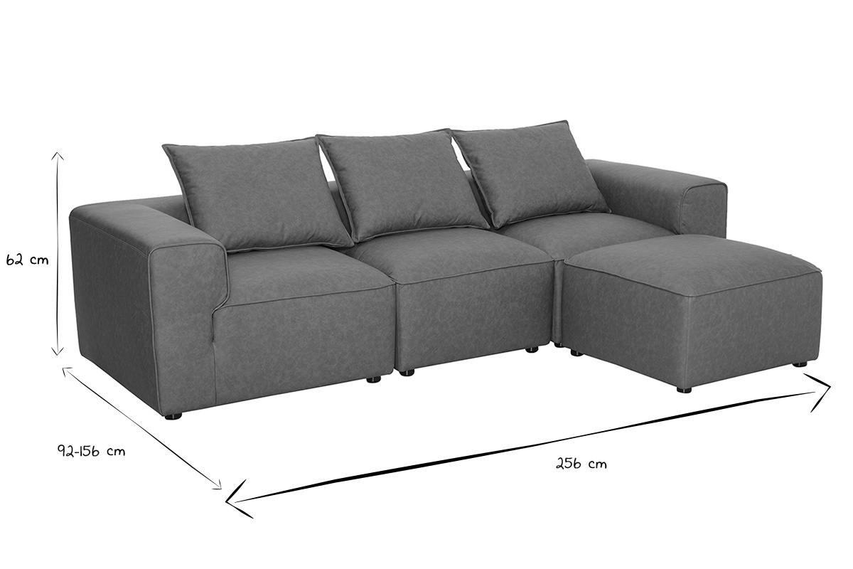 Dimensioni del divano angolare modulabile 4 posti in nero e bianco, 256 cm x 92-156 cm x 62 cm.