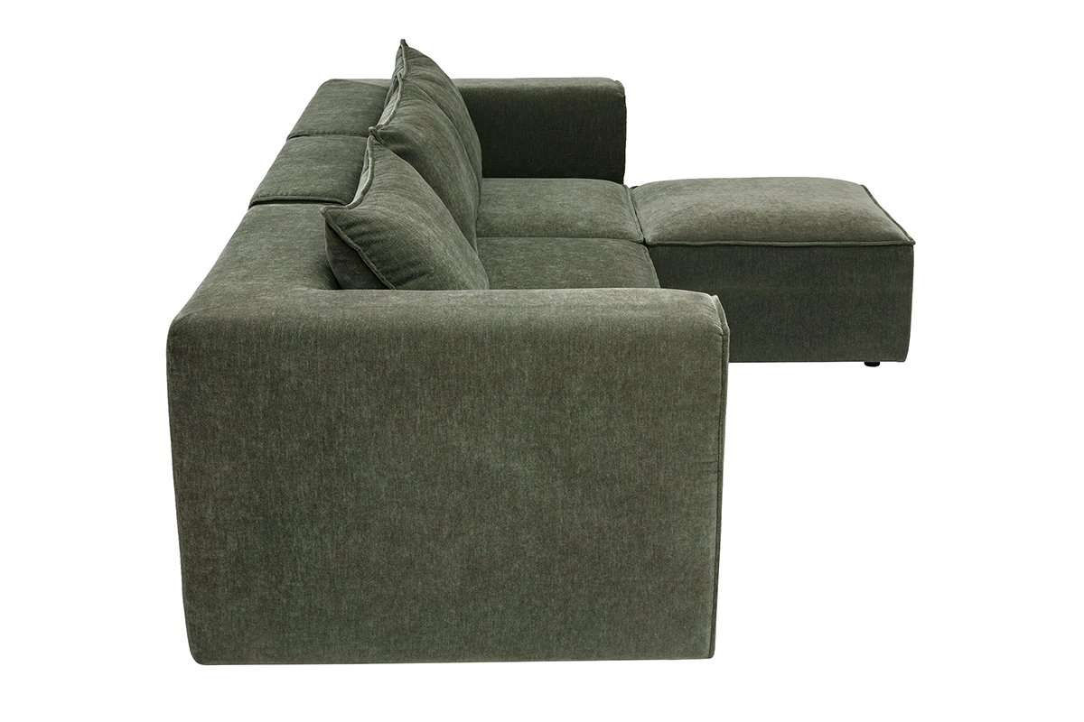 Divano angolare modulabile a 4 posti in tessuto effetto velluto verde kaki, vista laterale.