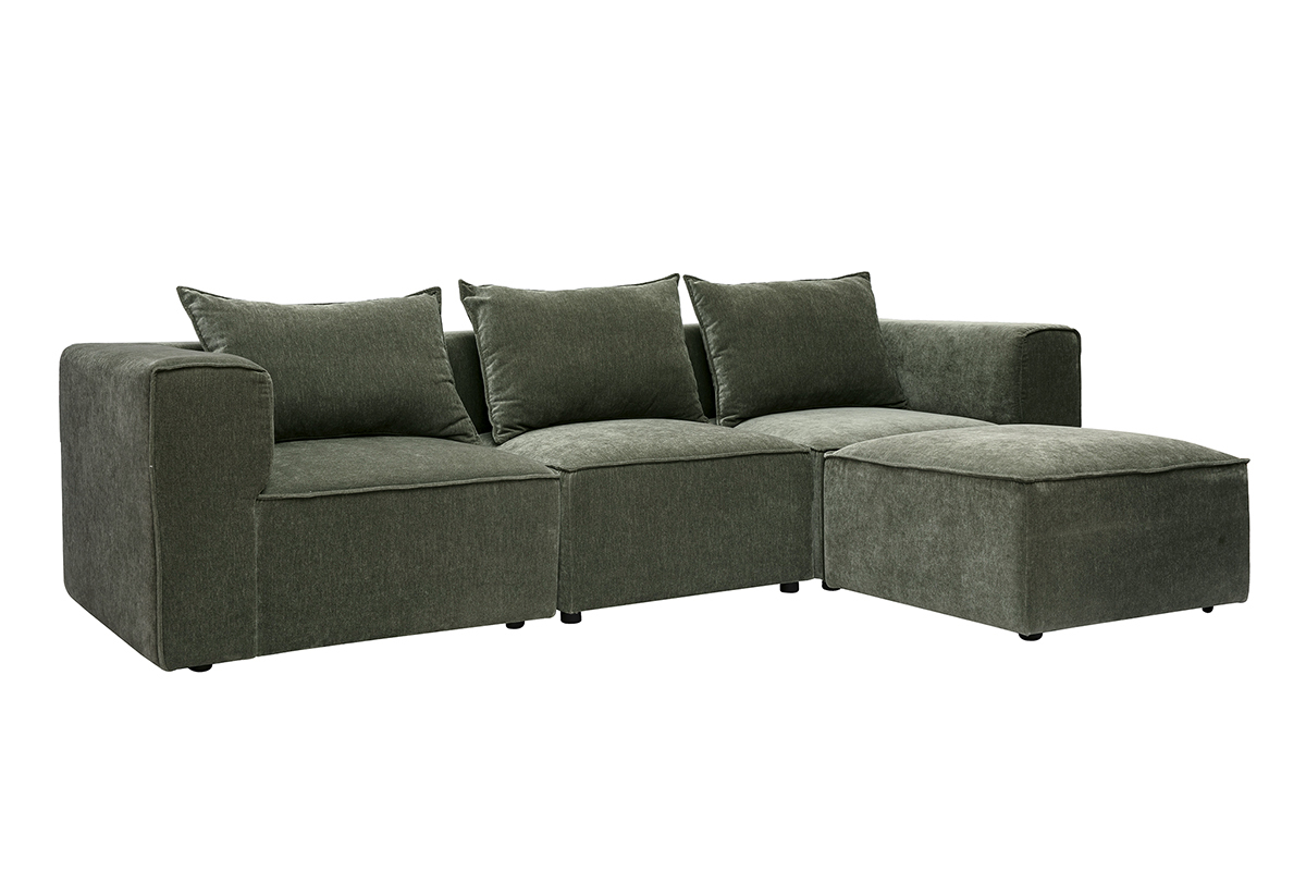 Divano angolare modulabile 4 posti in tessuto effetto velluto verde kaki, vista a 3/4.