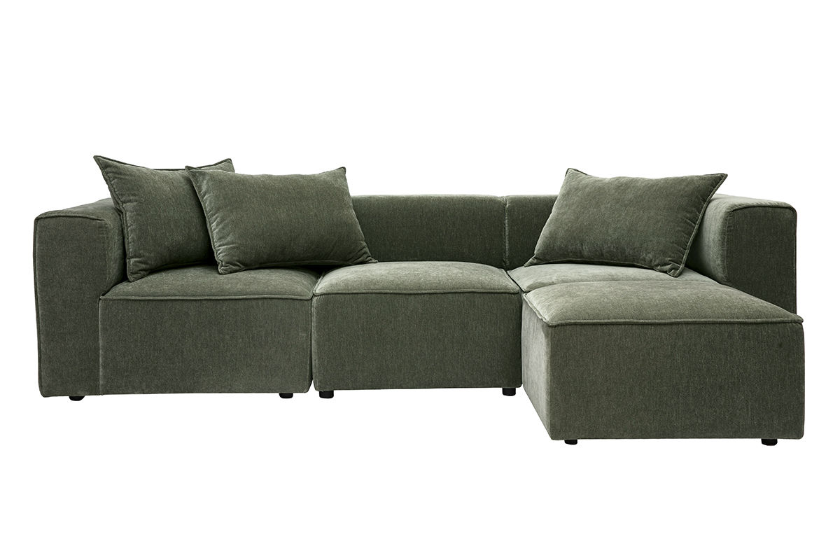 Divano angolare modulabile 4 posti in tessuto effetto velluto verde kaki con cuscini, vista frontale