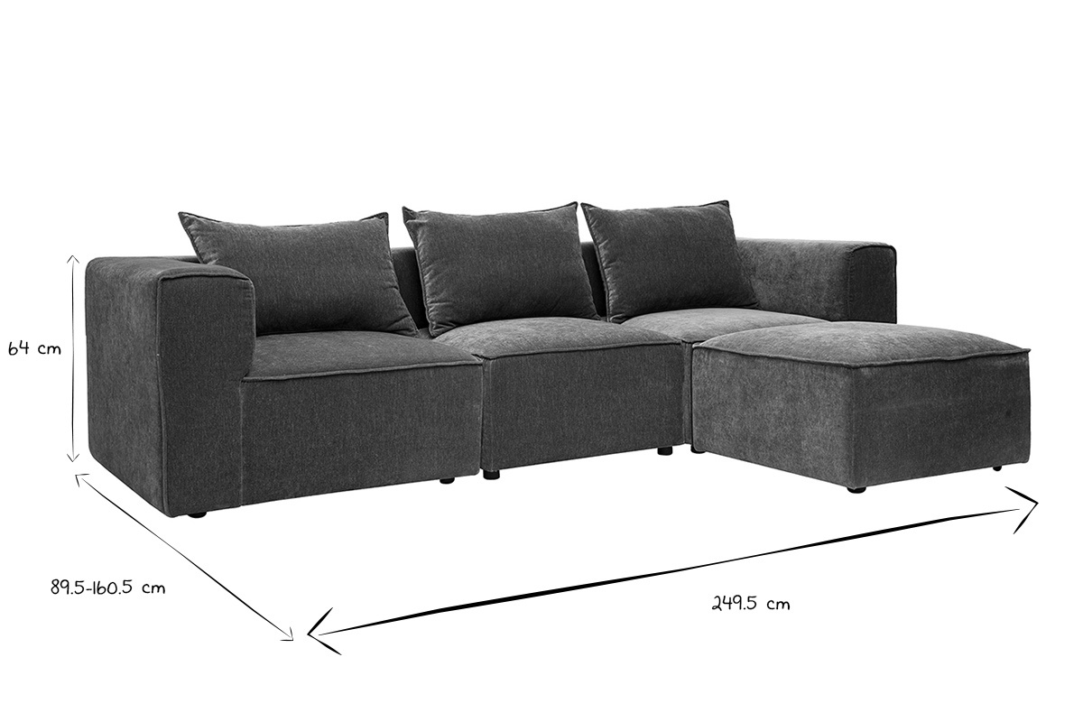 Dimensioni del divano angolare modulabile KERRY in bianco e nero, L249,5 x P89,5 x H64 cm.