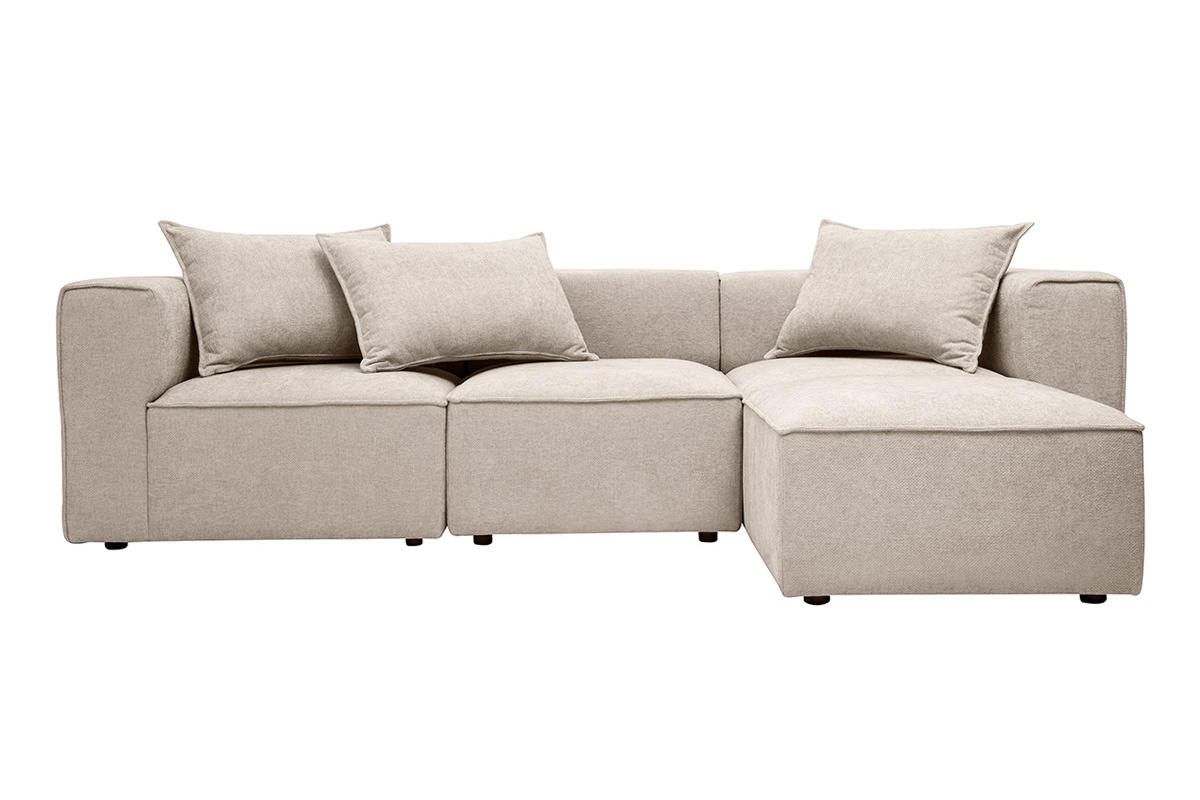 Divano angolare modulare 4 posti in tessuto beige con cuscini, vista frontale.