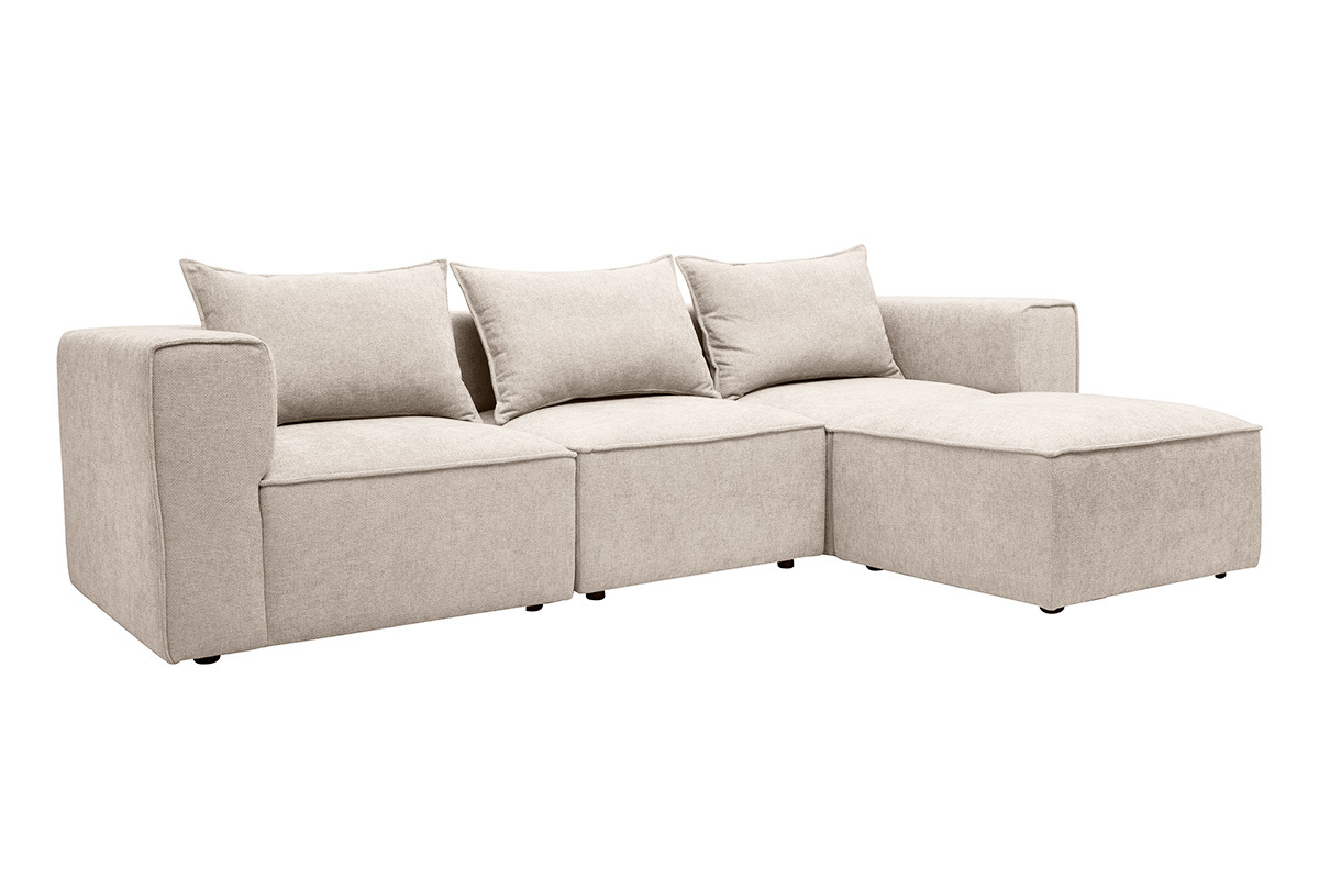 Divano angolare modulabile a 4 posti beige in tessuto effetto velluto, vista a 3/4
