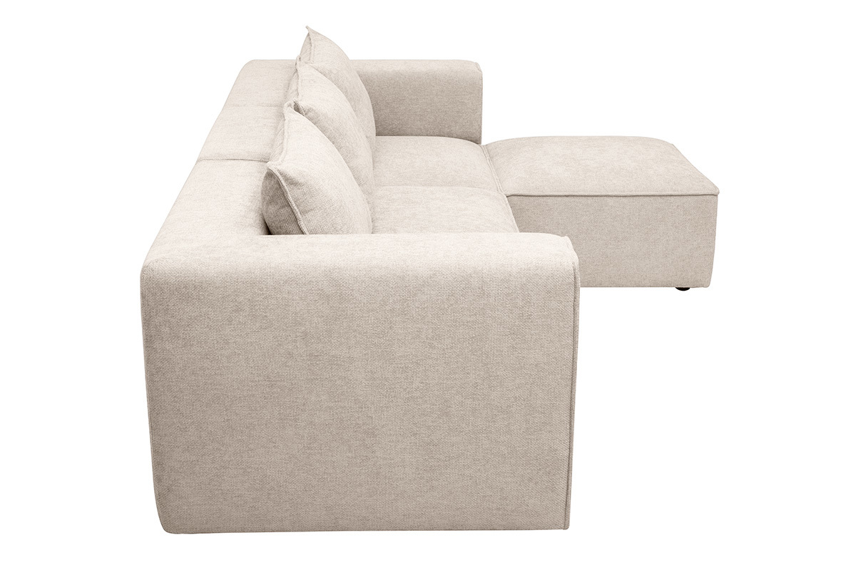 Divano angolare modulabile a 4 posti beige con cuscini, vista laterale
