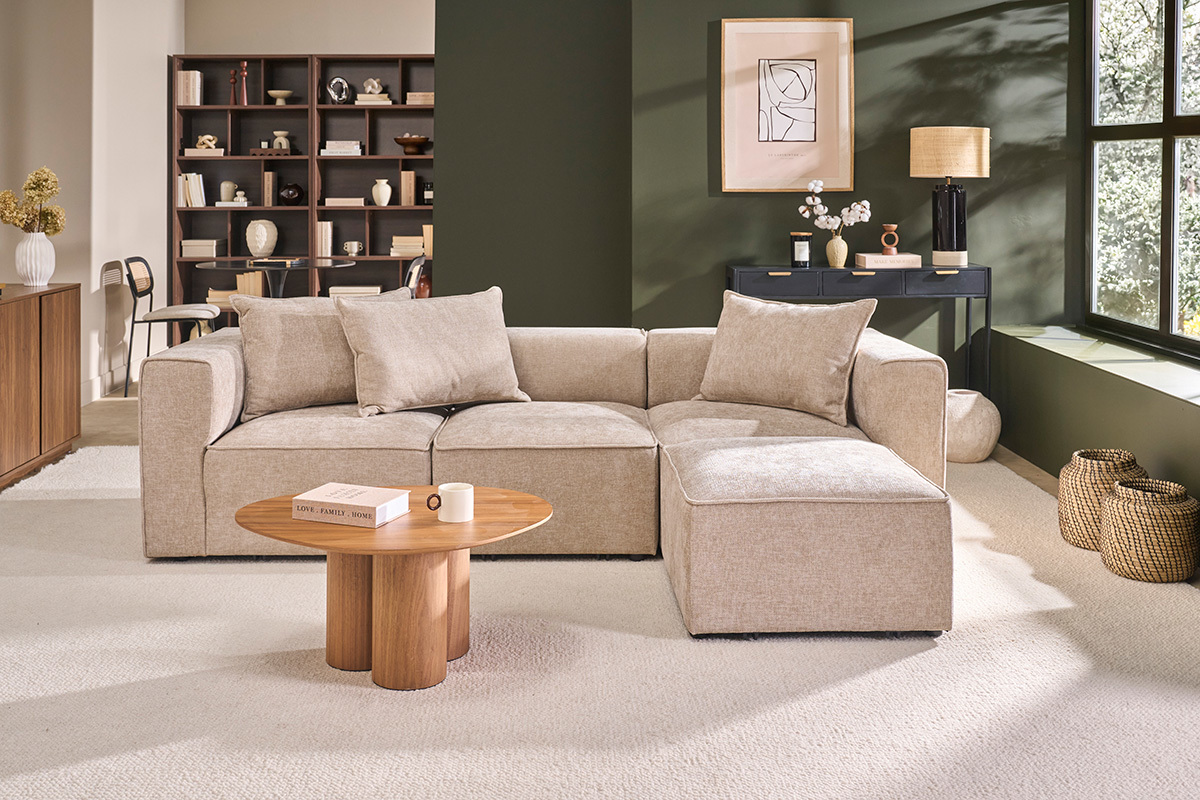 Divano angolare modulabile a 4 posti in tessuto effetto velluto testurizzato beige KERRY