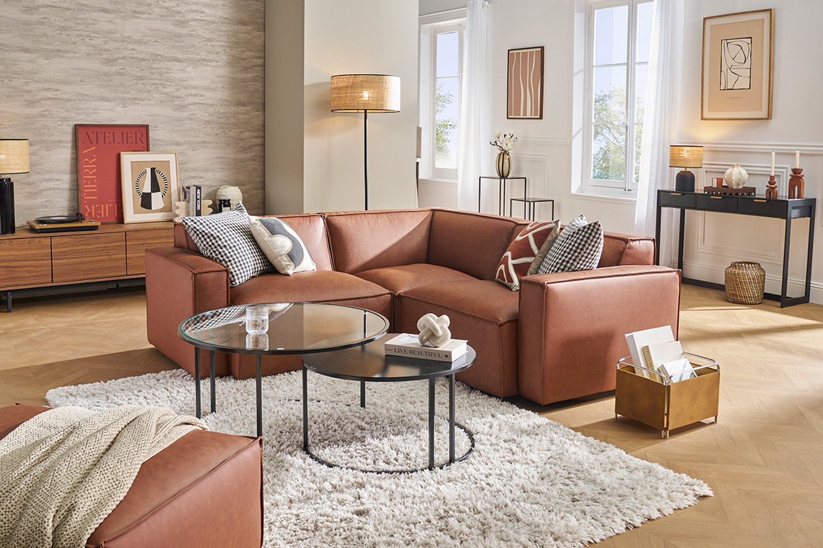 Divano angolare modulabile vintage 3 posti in pelle marrone SPLIT