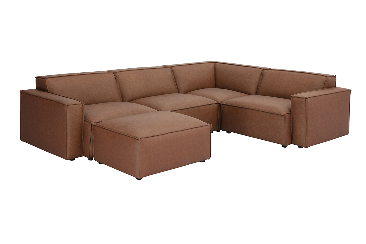Divano angolare modulabile vintage 5 posti e pouf in pelle marrone SPLIT
