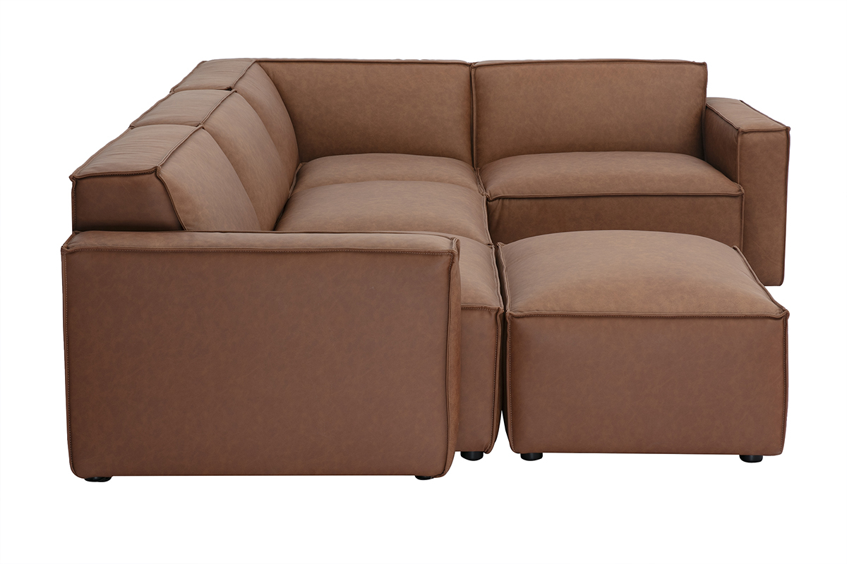 Divano angolare modulabile vintage 5 posti e pouf in pelle marrone SPLIT