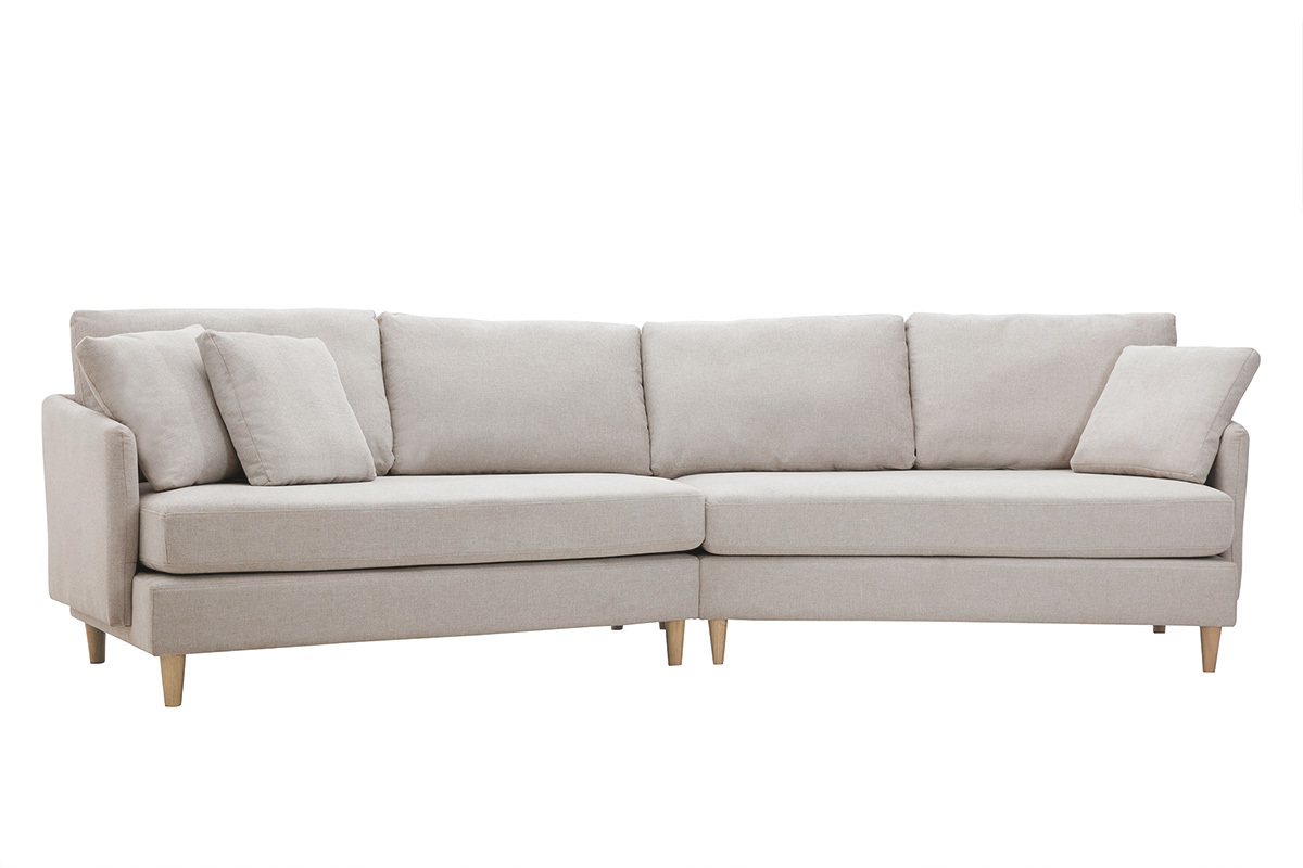 Divano angolare scandinavo 5 posti tessuto effetto velluto testurizzato beige e massello di hevea GROOVE