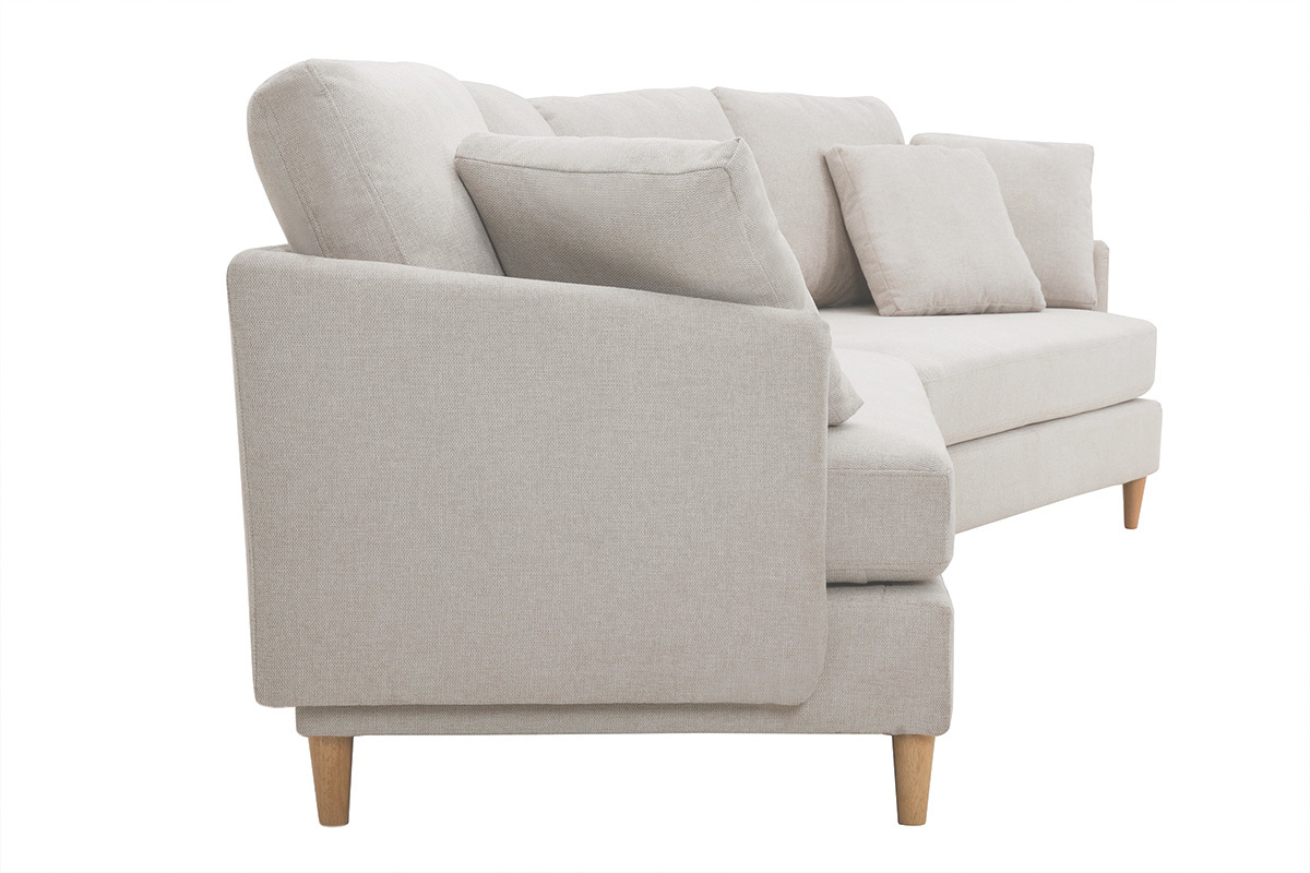 Divano angolare scandinavo 5 posti tessuto effetto velluto testurizzato beige e massello di hevea GROOVE