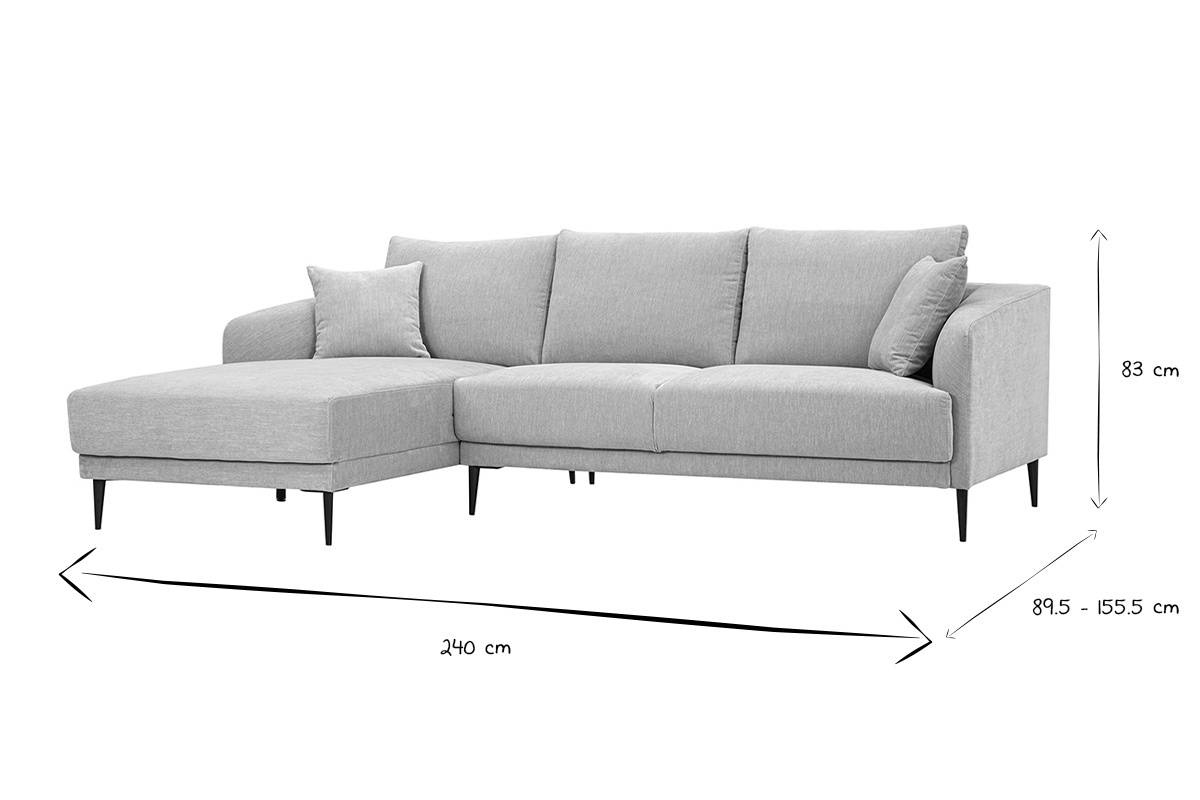 Dimensioni del divano angolare sinistro JERRY, L240 x P89,5-155,5 x H83 cm, in nero e bianco.