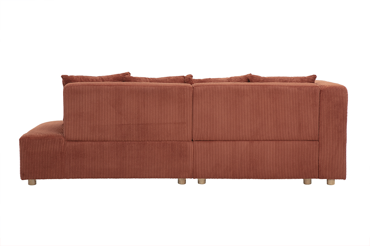 Divano angolare sinistro a 3 posti in tessuto velluto a coste terracotta, vista posteriore.
