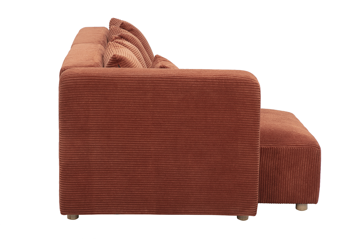 Divano angolare sinistro a 3 posti in velluto a coste terracotta, vista di profilo.