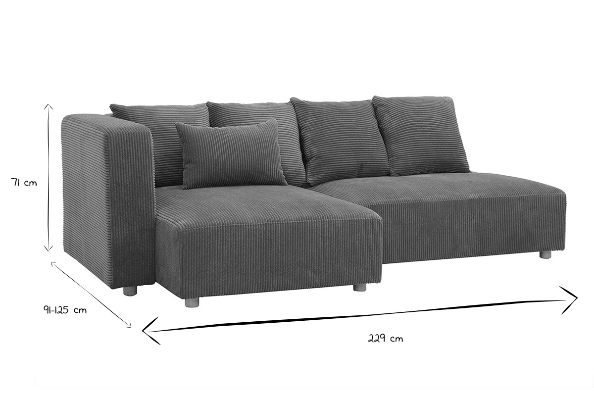 Dimensioni del divano angolare sinistro 3 posti: L229 x P91-125 cm, H71 cm in bianco e nero.