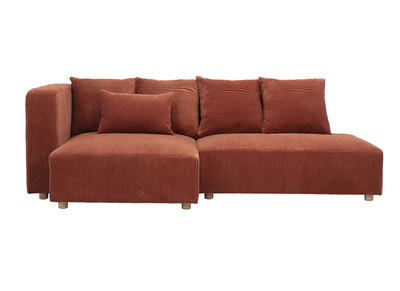 Divano angolare sinistro 3 posti in tessuto velluto a coste terracotta e legno chiaro HARLEM