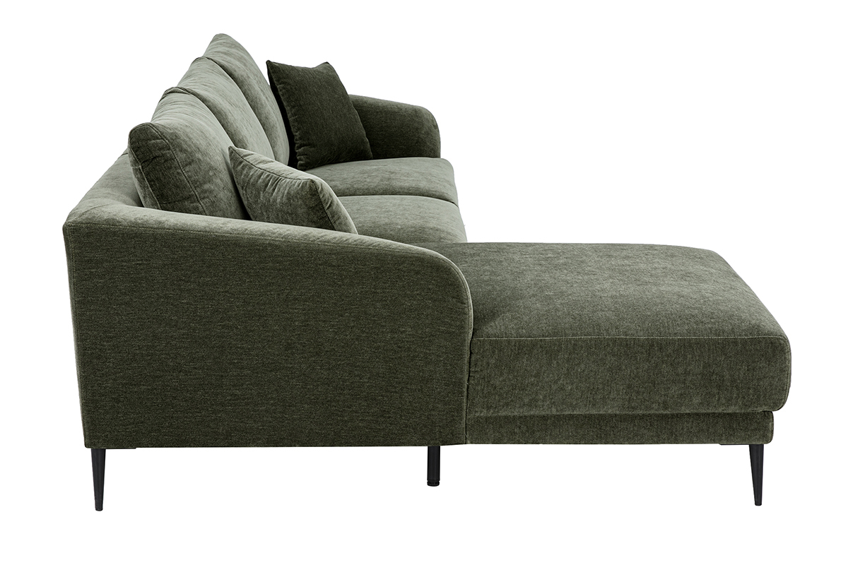 Divano angolare sinistro a 3 posti in tessuto verde kaki con chaise longue, vista di profilo.