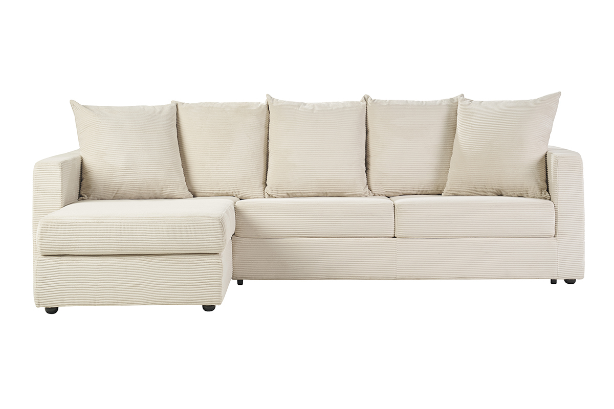 Divano ad angolo sinistro trasformabile 4 posti in velluto a coste beige, vista frontale.