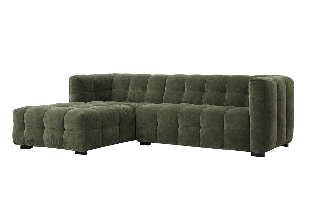 Divano angolare sinistro 3 posti in velluto verde kaki CORTO, vista da 3/4.