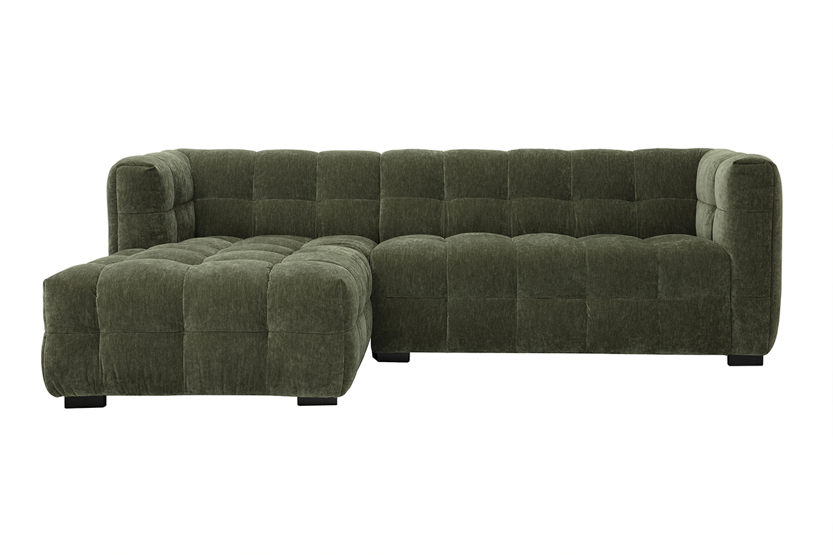 Divano ad angolo sinistro a 3 posti in tessuto verde kaki effetto velluto, vista frontale.