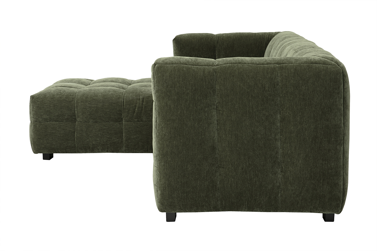 Divano ad angolo sinistro in velluto verde kaki, vista laterale.
