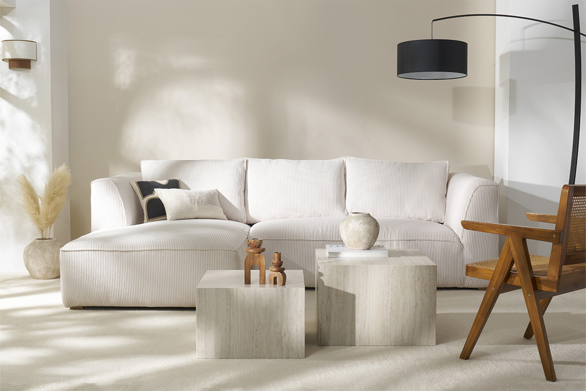 Divano angolare sinistro design in tessuto velluto a coste cru 3-4 posti PANAM