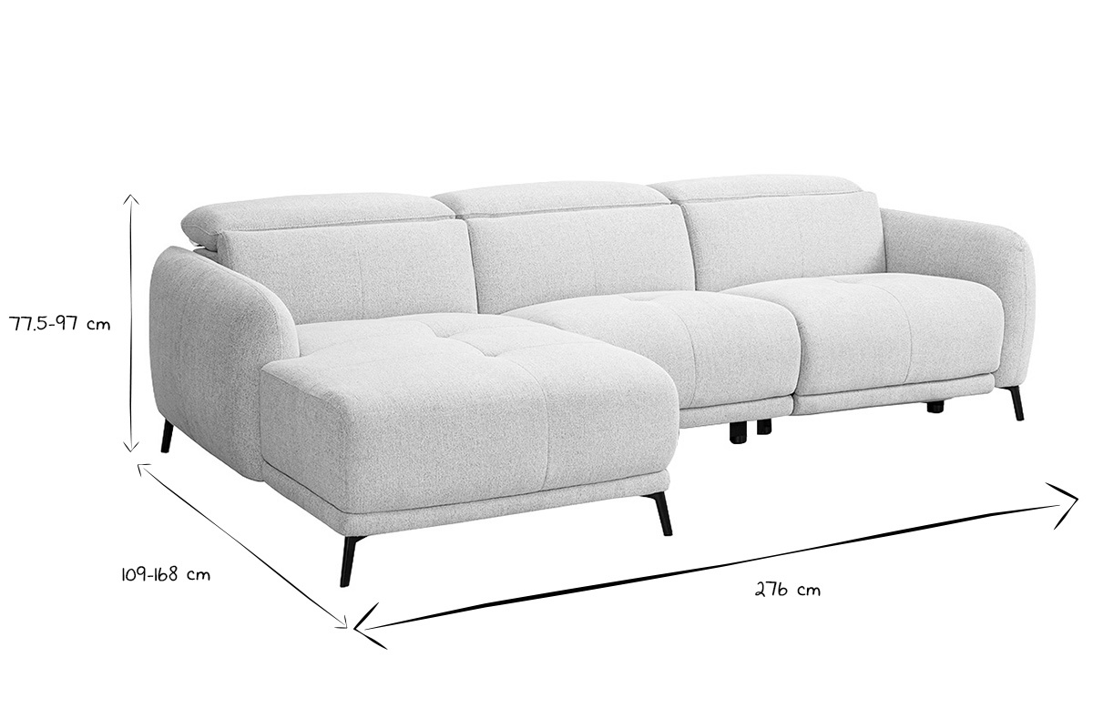 Dimensioni del divano angolare elettrico in bianco e nero, lungo 276 cm, alto 77,5-97 cm, profondo 109-168 cm.