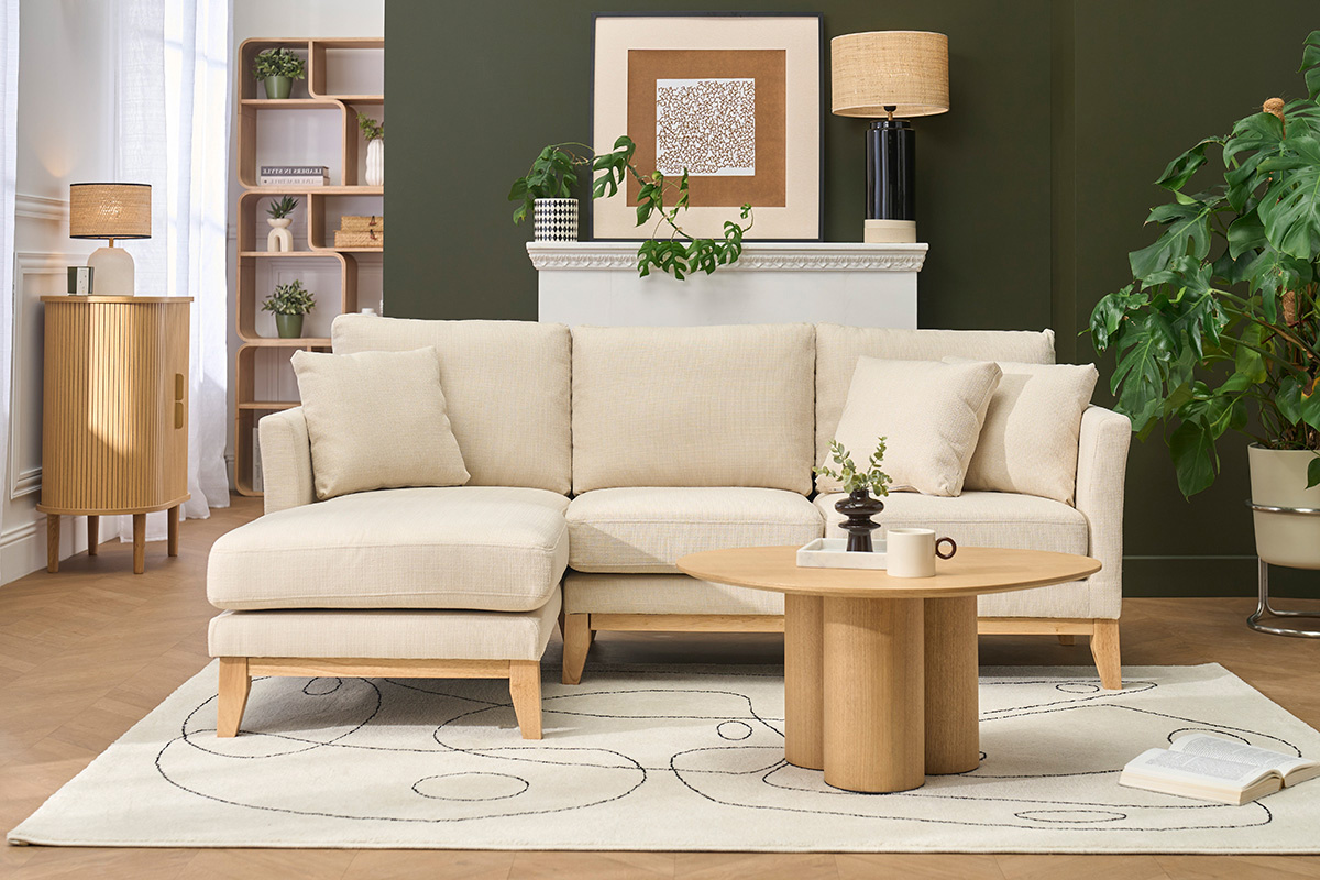 Divano angolare sinistro scandinavo in tessuto beige sfoderabile e legno chiaro 3-4 posti OSLO