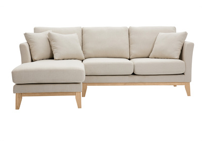 Divano angolare sinistro scandinavo in tessuto beige sfoderabile e legno chiaro 3-4 posti OSLO