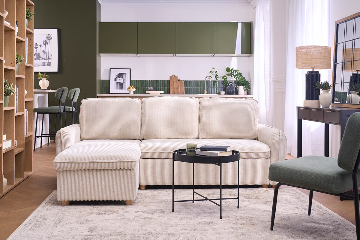 Divano angolare trasformabile reversibile con baule 3 posti in tessuto velluto a coste beige e legno chiaro ORSO