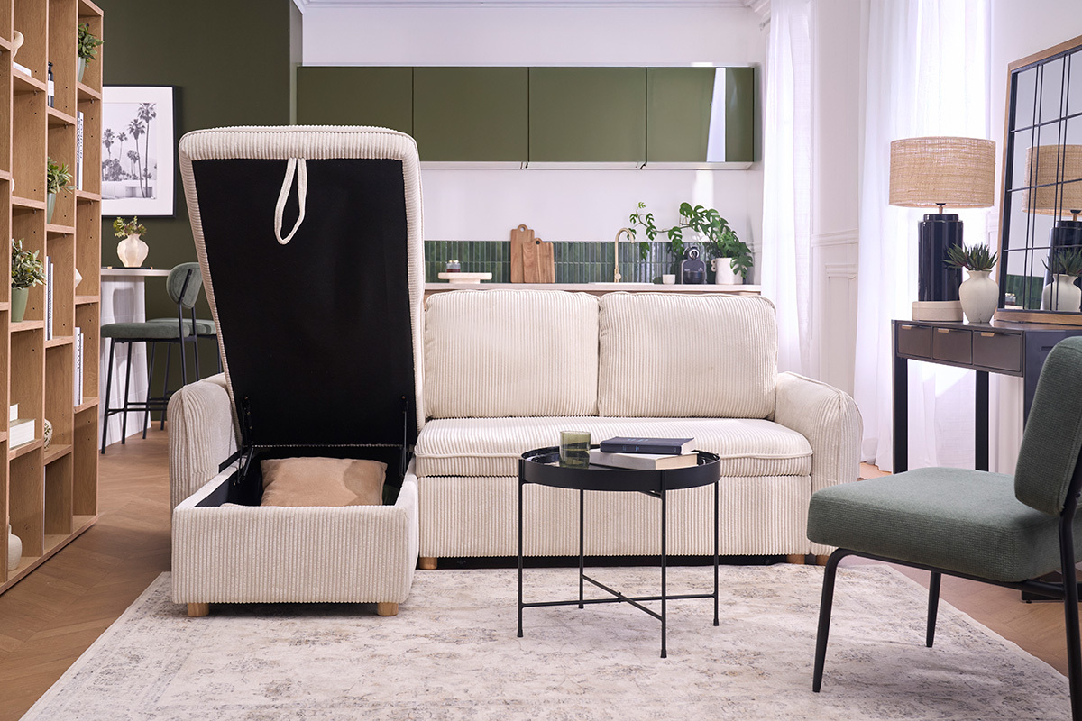 Divano angolare trasformabile reversibile con baule 3 posti in tessuto velluto a coste beige e legno chiaro ORSO