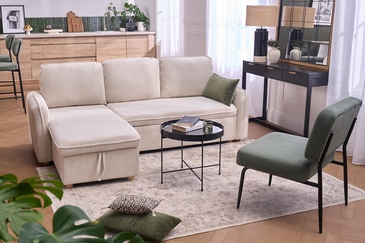 Divano angolare trasformabile reversibile con baule 3 posti in tessuto velluto a coste beige e legno chiaro ORSO