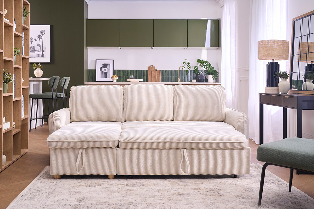 Divano angolare trasformabile reversibile con baule 3 posti in tessuto velluto a coste beige e legno chiaro ORSO