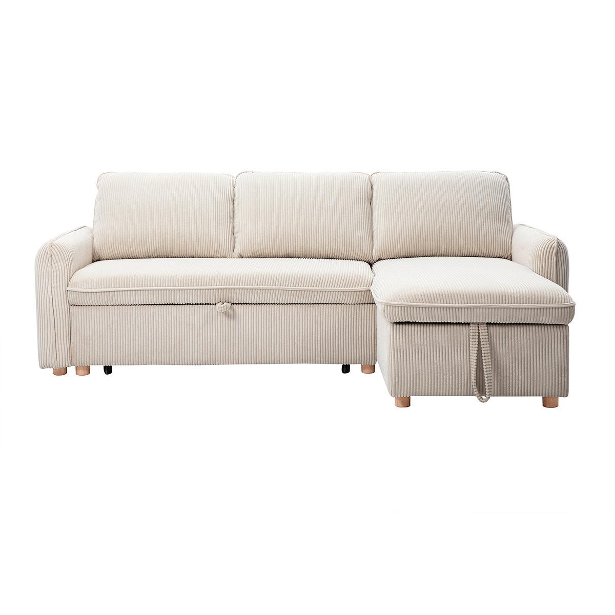 Divano angolare trasformabile reversibile con baule 3 posti in tessuto velluto a coste beige e legno chiaro ORSO