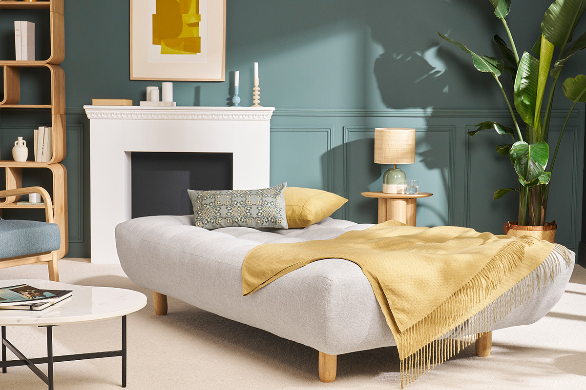Divano convertibile design scandinavo grigio e quercia YUMI