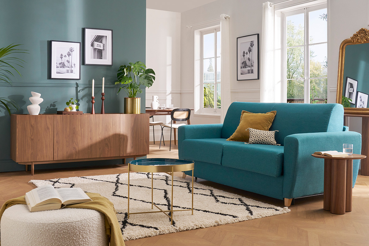 Divano convertibile scandinavo blu foglia di t e legno GRAHAM