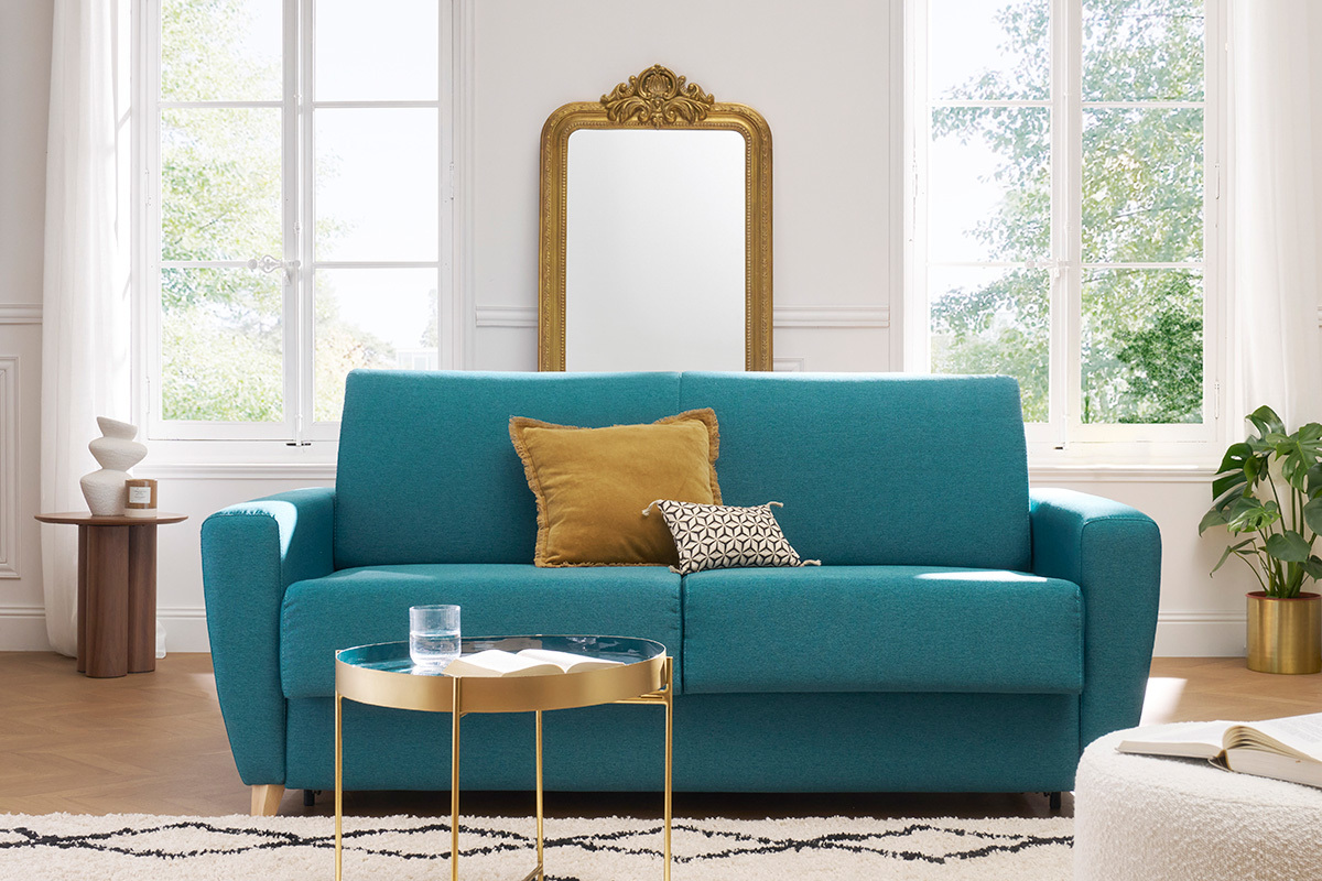 Divano convertibile scandinavo blu foglia di t e legno GRAHAM