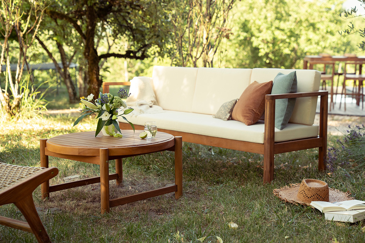 Divano da giardino 3 posti legno massello e cuscini beige L190 cm AKIS