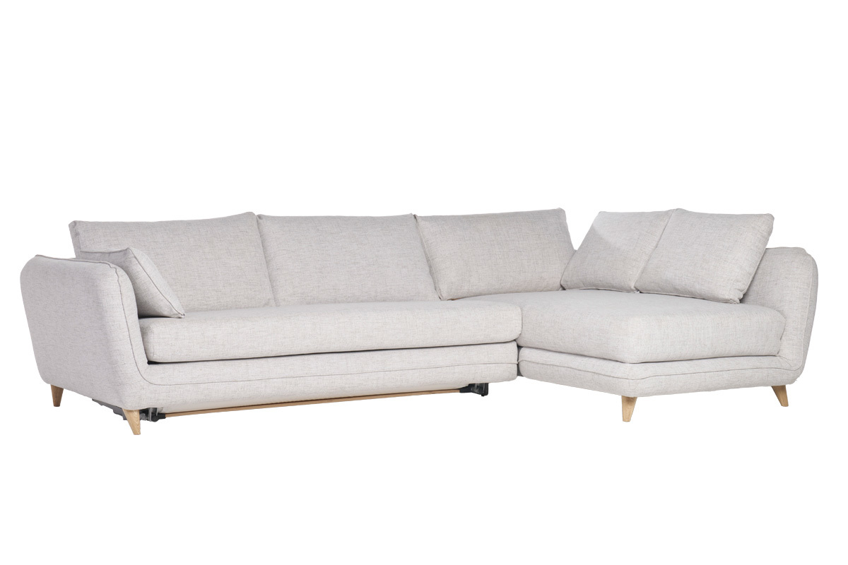 Divano d'angolo destro convertibile scandinavo 5 posti in tessuto grigio chiaro melange e legno chiaro CREEP
