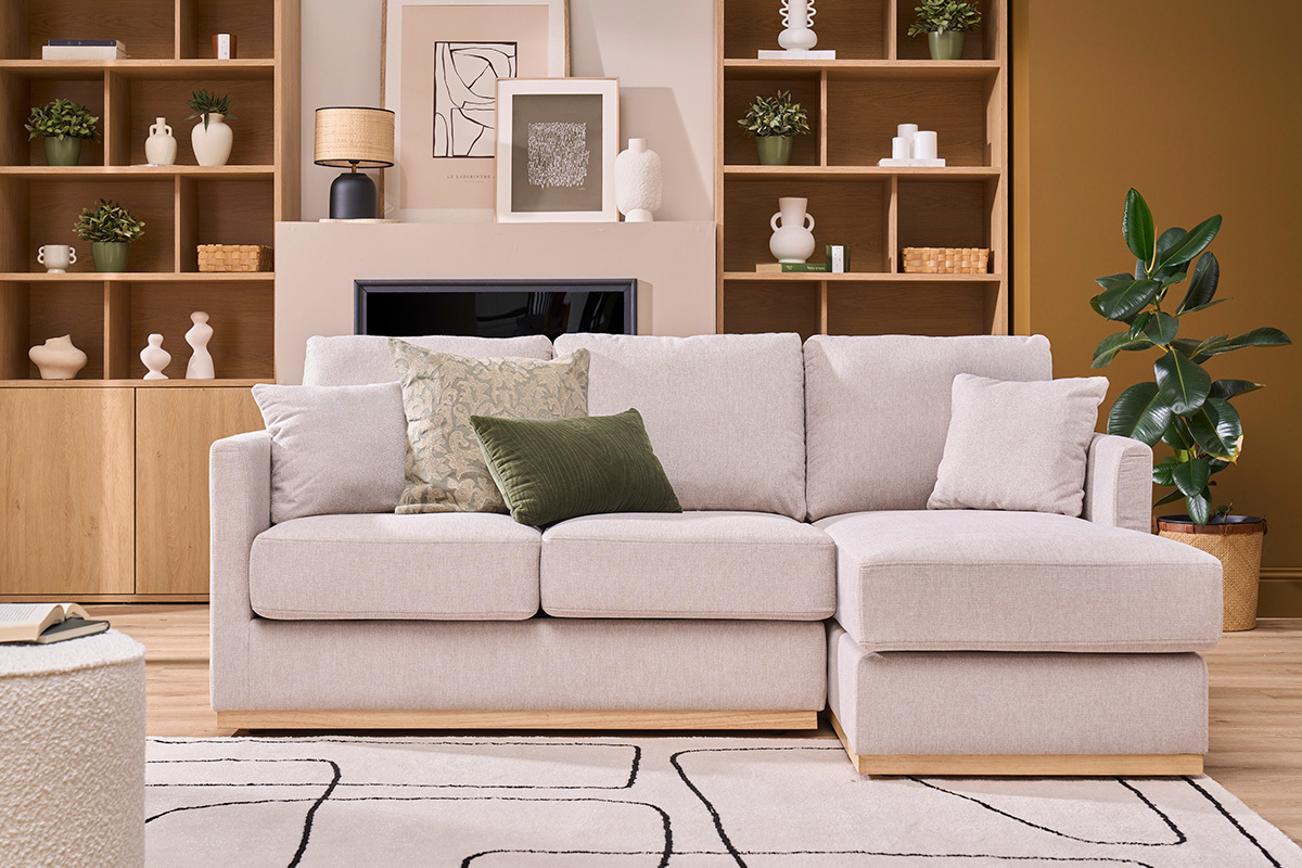 Divano d'angolo destro in tessuto effetto velluto beige testurizzato 3 posti MOSS
