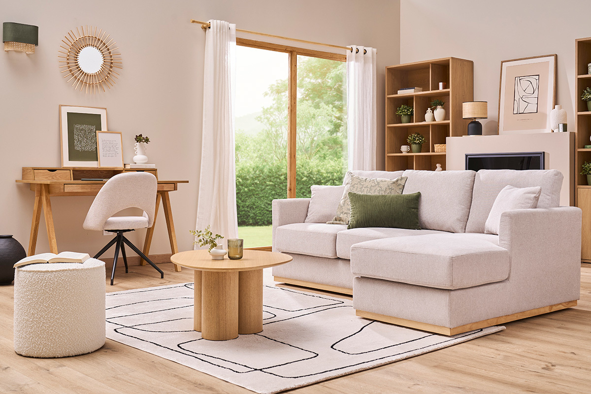 Divano d'angolo destro in tessuto effetto velluto beige testurizzato 3 posti MOSS