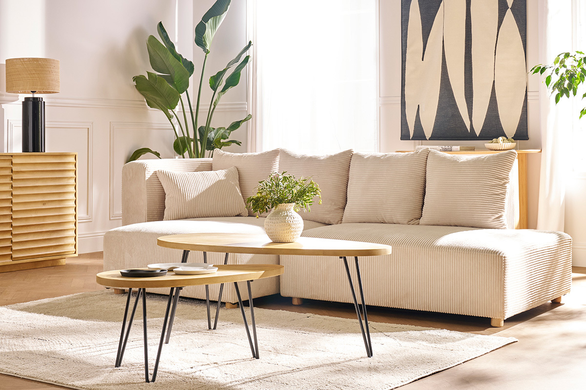 Divano d'angolo sinistro a 3 posti in velluto costato beige e legno chiaro HARLEM