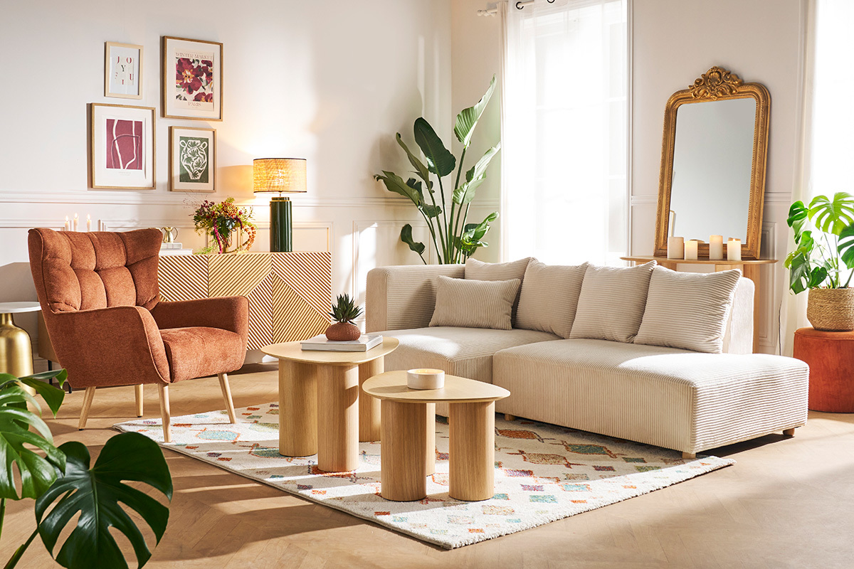 Divano d'angolo sinistro a 3 posti in velluto costato beige e legno chiaro HARLEM
