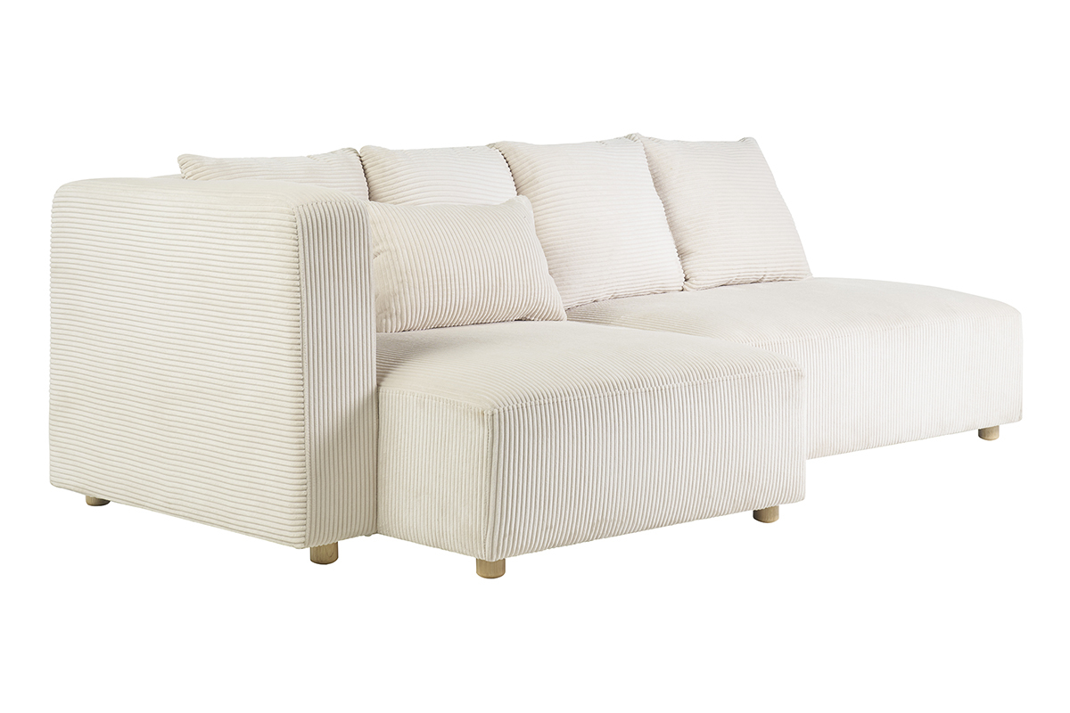 Divano d'angolo sinistro a 3 posti in velluto costato beige e legno chiaro HARLEM