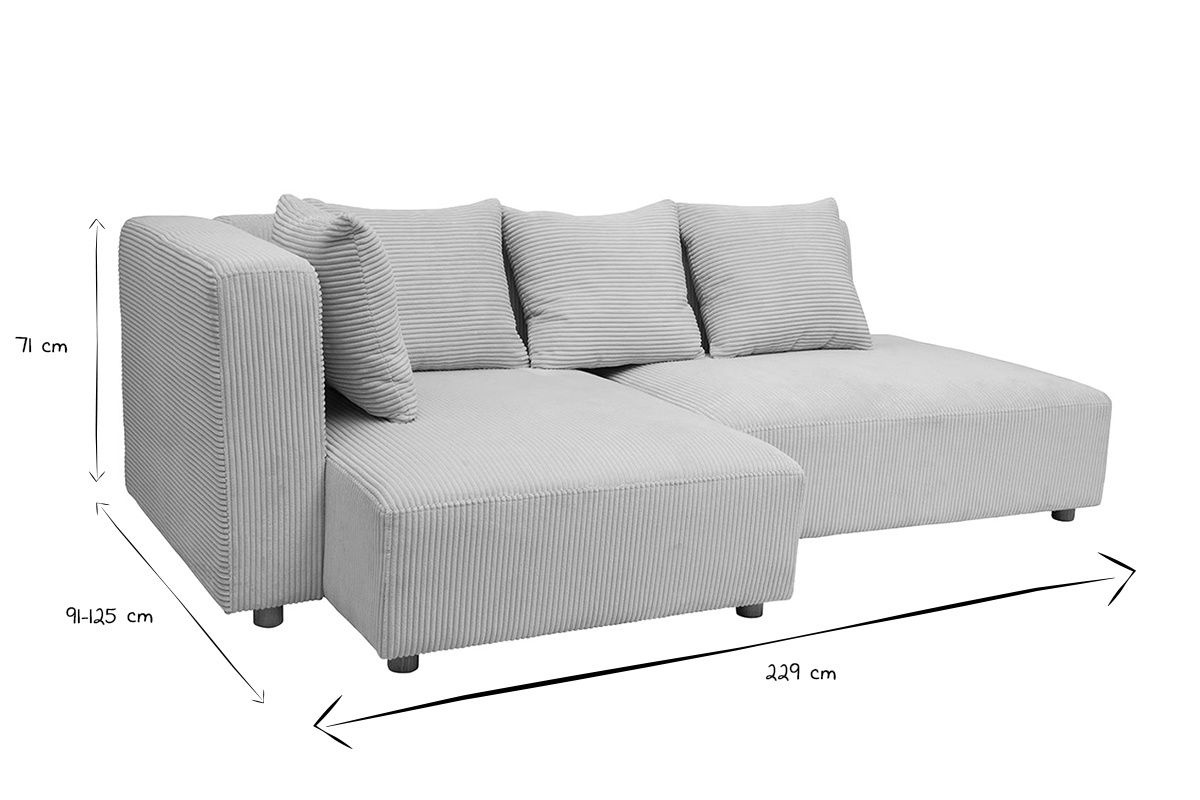 Divano d'angolo sinistro a 3 posti in velluto costato beige e legno chiaro HARLEM