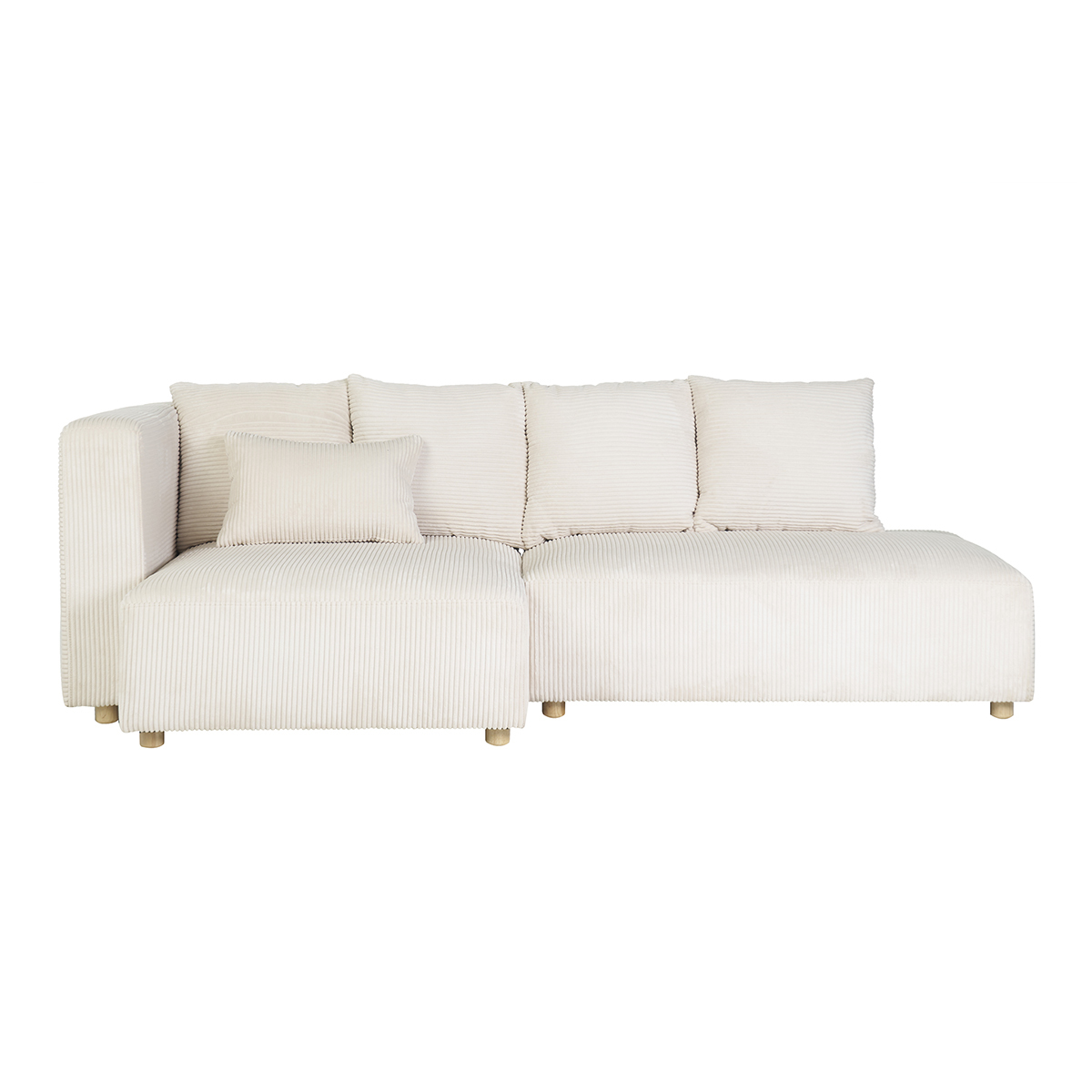 Divano d'angolo sinistro a 3 posti in velluto costato beige e legno chiaro HARLEM