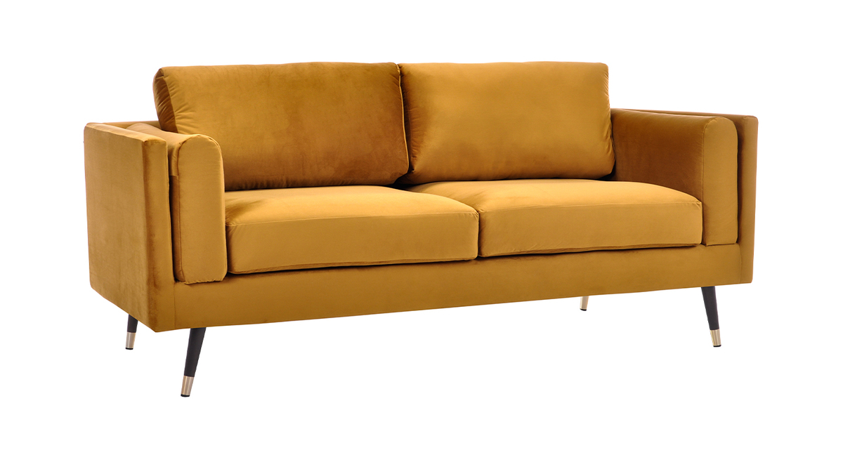Divano design 2-3 posti in tessuto velluto giallo, legno nero e metallo dorato STING