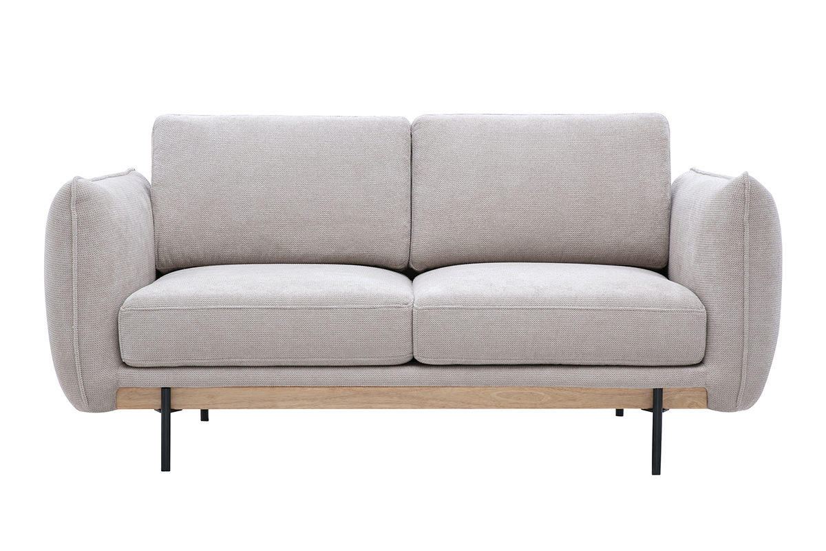 Divano di design a 2 posti in tessuto chenille beige con piedi in metallo nero, vista frontale