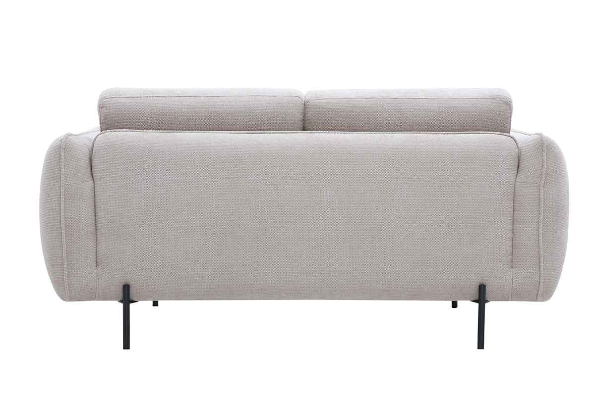 Divano design a 2 posti in tessuto ciniglia beige visto da dietro con piedini in metallo nero