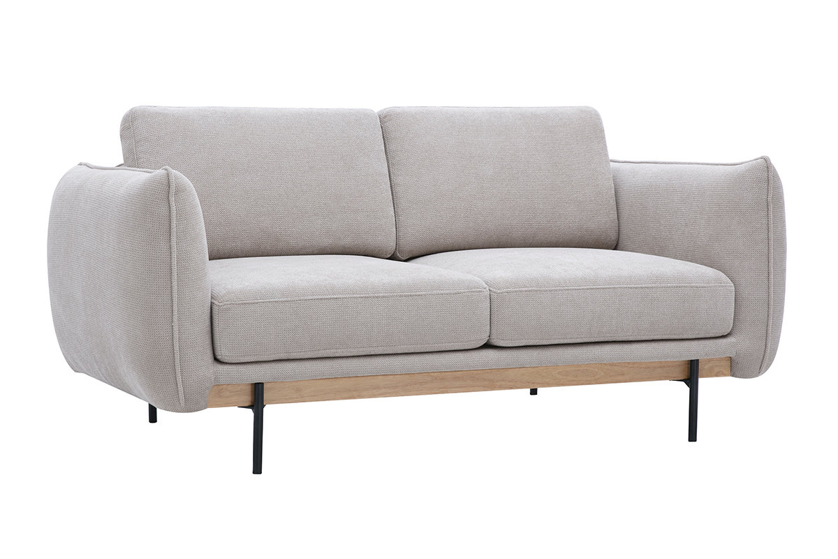 Divano di design a 2 posti in tessuto chenille beige e metallo nero, vista in tre quarti.