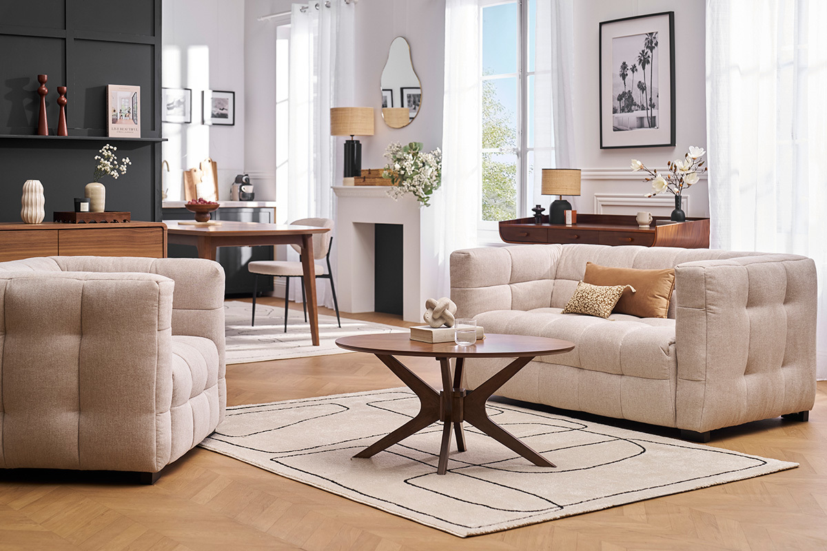 Divano design 2 posti in tessuto effetto velluto testurizzato beige CORTO